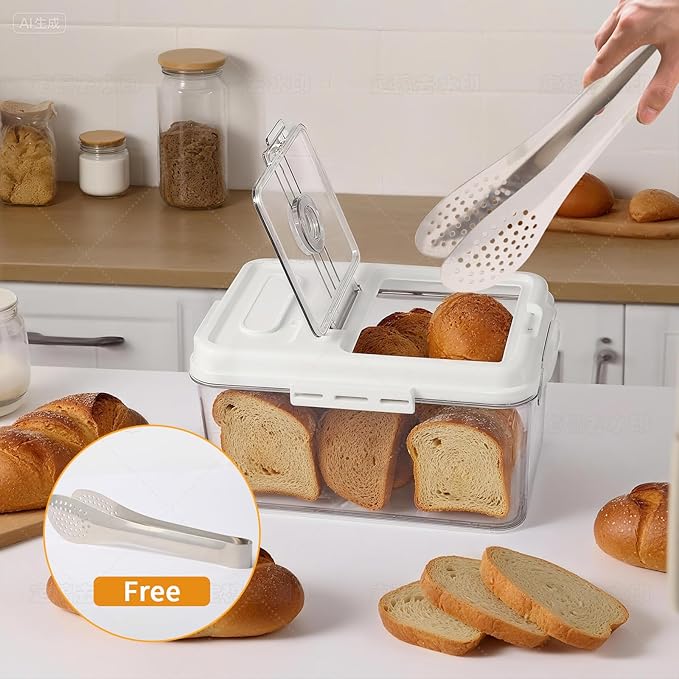 Bread Box For Kitchen Countertop With Bread Clip, Airtight Bread Storage Container, Time Recording Bread Keeper with Lid For Homemade Breads, Toast, And Cookies, White Bread Holder.