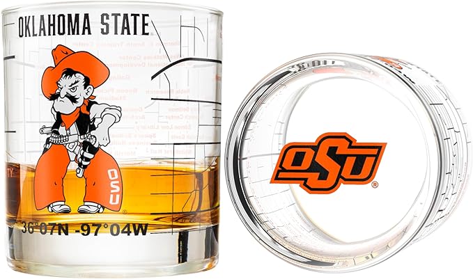 Greenline Goods – Oklahoma State University Cowboys College Whiskey Glasses (Set of 2), 10 oz – Full-Color Logo + Campus Map