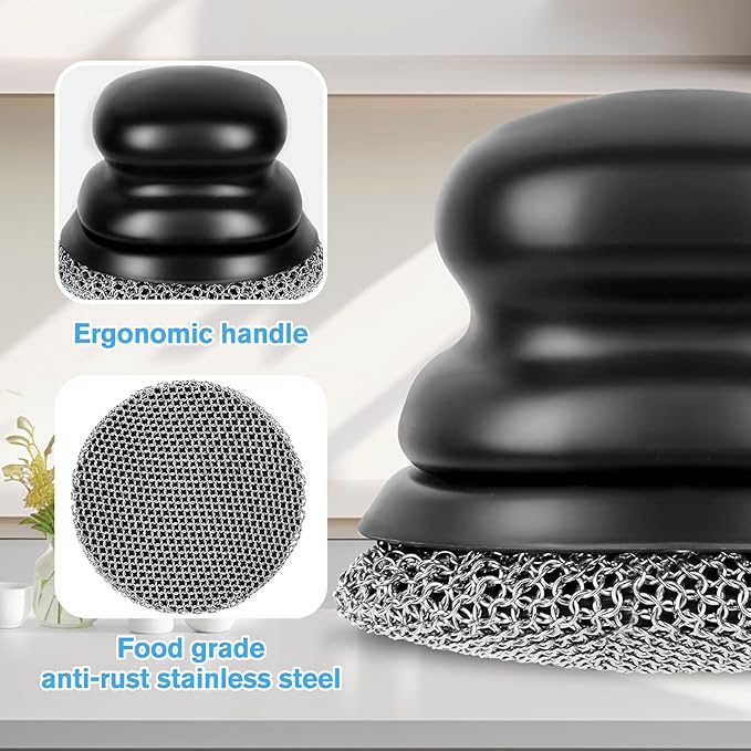 Onewly Cast Iron Scrubber (1Pack Black Coarse Mesh + 1Pack Black Fine Mesh) and and Scraper, Chain Mail Scrubber for Cleaning Stock Pots, Pans, Griddles, Grills, Cast Iron Skillets, Dish Scouring Pads