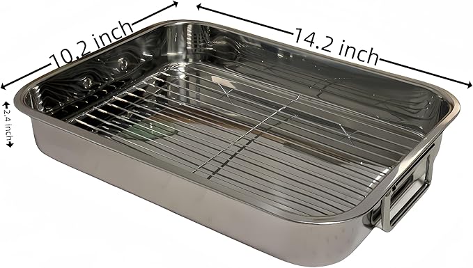 Roasting Pan Stainless steel Roasting pan Turkey Roasting pan with grill Rectangular grill suitable for Turkey, roast chicken and ham (14.2x10.2x2.4inch)