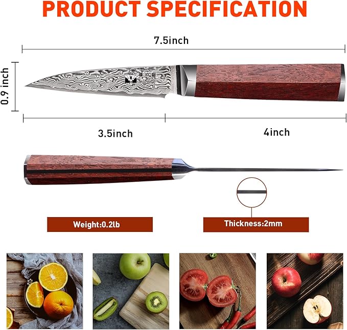 Damascus Paring Knife 3.5-inch Fruit and Vegetable Paring Knife 67-Layer Damascus with VG10 Cutting Core Peeling Knife with Full Tang Ergonomic Natural Wood Handle for Peeling