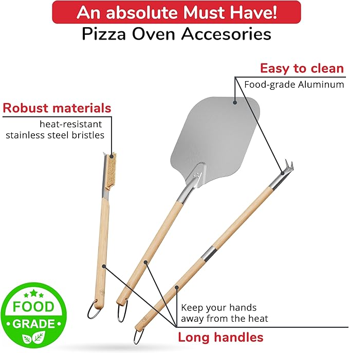 Pizza Oven Accessories Set - 3 Piece Pizza Making Kit with Pizza Peel, Pizza Oven & Stone Brush with Scraper, Turning Fork & Bubble Popper - Tools for Indoor Outdoor Brick Wood Gas Ovens