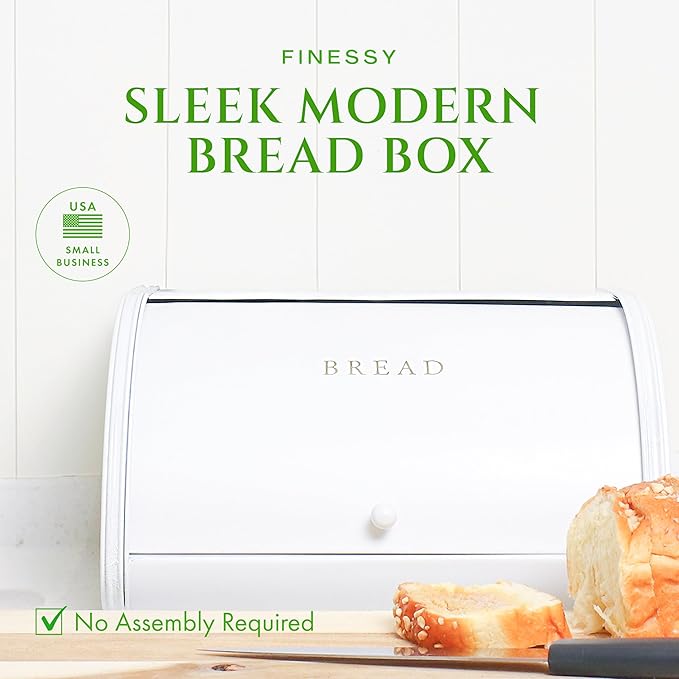 Modern Metal White Bread Box for Kitchen Countertop for Homemade Loaf Sourdough, Roll Top Breadbox for Kitchen Countertop Storage Container Bin, Farmhouse Stainless Steel Bread Keeper for Counters