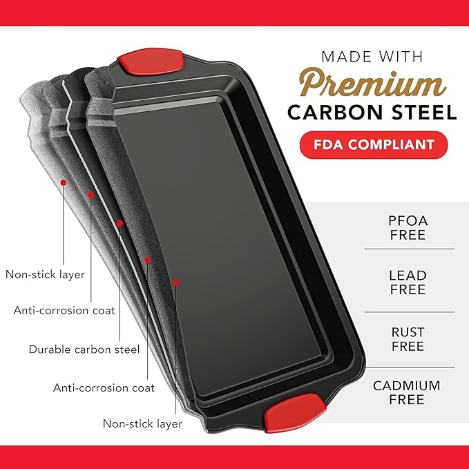 Baking Sheet Set, 2-Piece Large Cookie Sheet Set with Silicone Handles, Steel Baking Pan, Baking Sheets for Oven, BPA Free Nonstick Set, Half Sheet Pans, Black Baking Tray