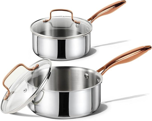 CAROTE 1.6Qt & 3.0Qt Stainless Steel Saucepan Set, Non-Toxic 3-Ply Stainless Steel Cookware Set with Lids, Small Kitchen Pots, Oven Safe, Compatible with Induction, Ceramic, Gas