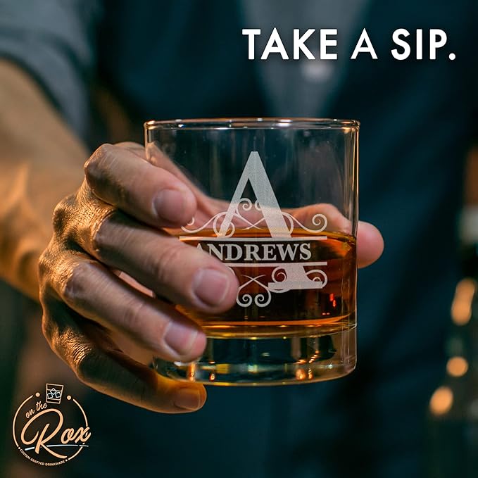 On The Rox Drinks Personalized Whiskey, Bourbon Monogram Glass Gifts - 11 oz Name Monogram Scotch Glass Set of 2 - Custom Cocktail, Rocks, Brandy Glasses