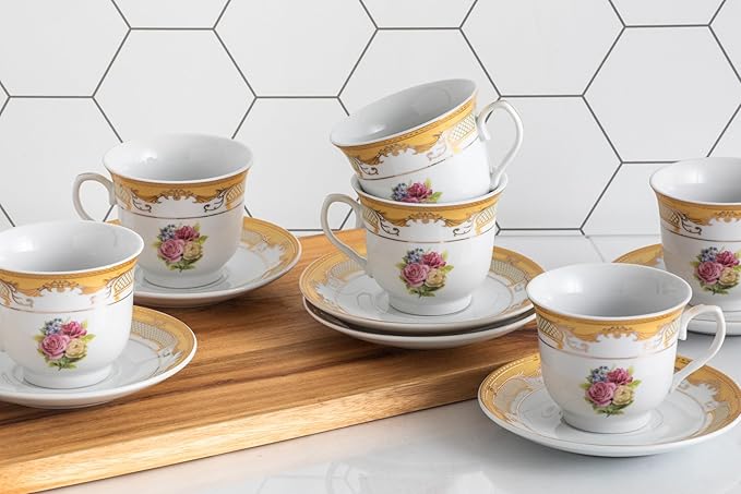 Vintage Rose Tea Set - 12 Piece Elegant White and Floral Design - 5.5 Inch Saucers, 6.5 oz Porcelain Cups - For Black Tea Or Cappuccino (Vintage Rose)