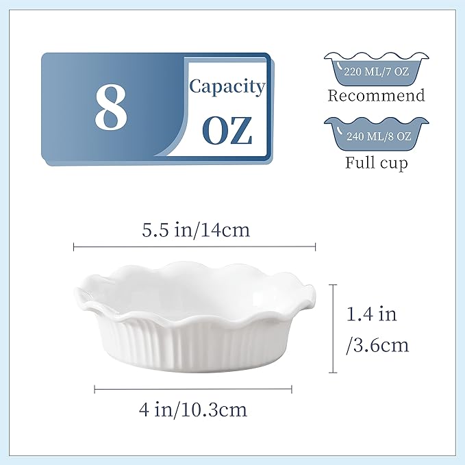 LOVECASA Ceramic Mini Pie Pans Set of 6-5.5 Inch Oven Safe Small Pie Dishes, Nonstick Mini Pot Pie Baking Tins for Chicken Pot Pie, Tarts, Quiches & Desserts, Stackable Ruffled Rims, White