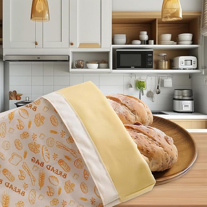 2pcs Reusable Bread Bags for Homemade, Organic Beeswax Cotton Bag with with Lining & Zipper, Sourdough Food Storage Bags, for Freezer-Friendly & Freshness Preservation