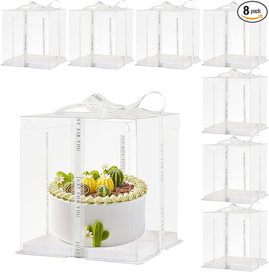 8 Pcs Clear Cake Box with Ribbon 2-Layer 10x10x9 Inch.PET Cake Carrier Transport Container for Tiered Cakes, Transparent Gift Display Boxes with Lid for Halloween.(Clear, 10*10*9inch/8pcs)