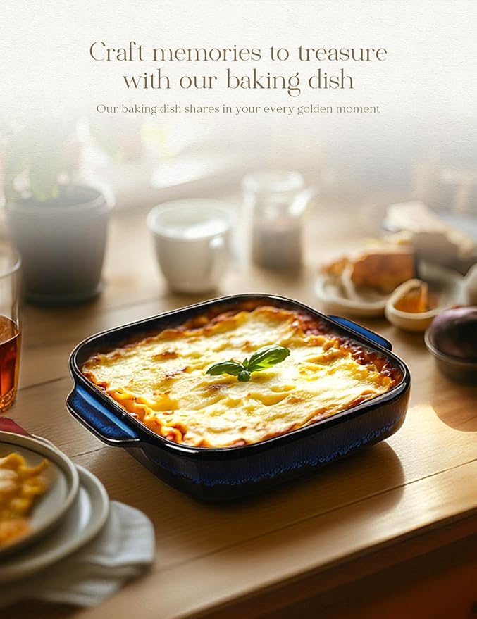 8x8 Baking Pan Ceramic Square Baking Dish Lasagna Pan with Double Handles Deep Casserole Dish for Brownie, Lasagna, Roasting and Great for Kitchen Decor (Reactive Glaze Blue)