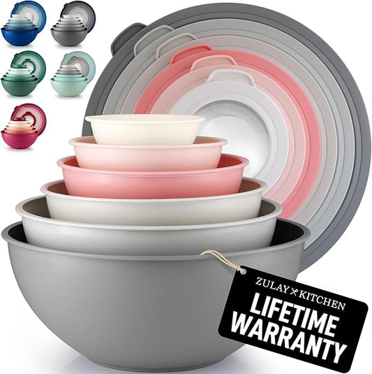 Zulay Kitchen 12 Piece Plastic Mixing Bowls with Lids Set - Colorful Mixing Bowl Set for Kitchen - Nesting Bowls with Lids Set - Microwave and Freezer Safe (Pink Ombre)