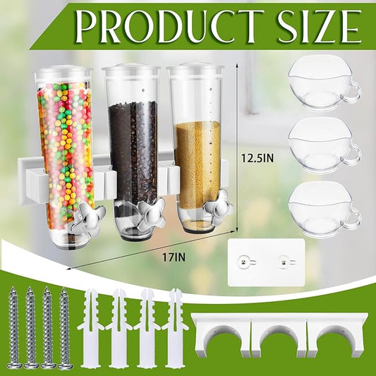 Umigy 2 Pcs Candy Dispenser Wall Mounted, Triple Dry Cereal Grain Dispenser Machine Wall Mount, Food Storage Container for Pantry Snack with 3 Cup for Kitchen, 39 oz (White)