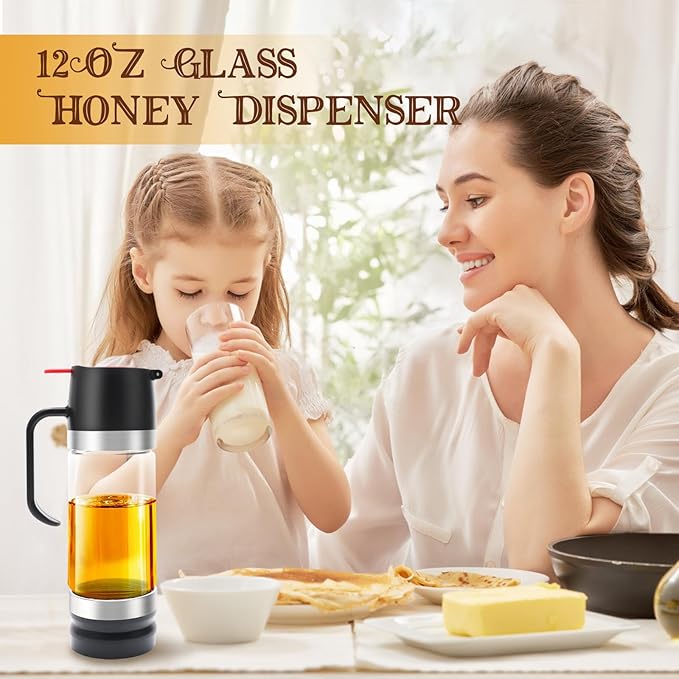 12 OZ Glass Honey Dispenser with Handle,Honey Syrup Dispenser No Drip with Cleaning Brush,Honey Jar for Coffee or Tea,Black