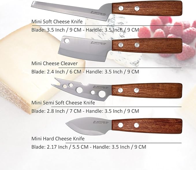Cheese Knife, MATTSTONE HILL Cheese Knives Set - Soft & Semi Hard Cheese Knife, Soft Cheese Slicer, Cheese Cleaver, Hard Cheese Cutter, Premium Stainless Steel, Wood Handle