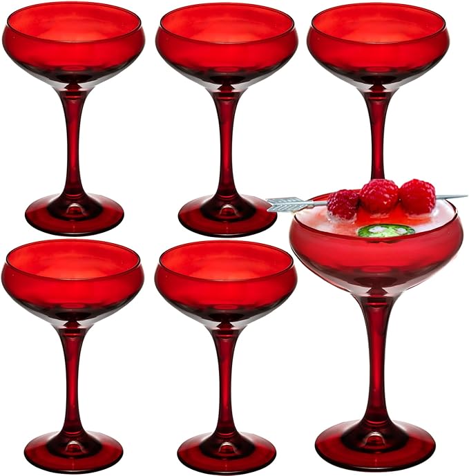 6 Pieces Crystal Martini Glasses Champagne Flute,Coupe Bowl Stemmed Cocktail Glasses,Set Of 6 Elegant Red Goblets Colored Drinking Cups Champagne Wine Glasses for Parties Cocktail Margarita,Juice