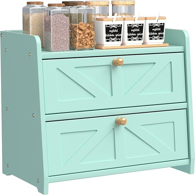 Bread Box for Kitchen Countertop, Double Layer Wooden Breadbox, Large Capacity Bread Storage Bin, Homemade Bread Storage Container, Farmhouse Breadbox Organizer, Green