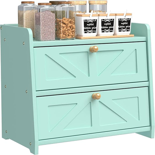 Bread Box for Kitchen Countertop, Double Layer Wooden Breadbox, Large Capacity Bread Storage Bin, Homemade Bread Storage Container, Farmhouse Breadbox Organizer, Green