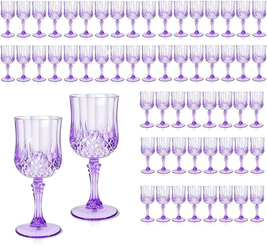 48 Pcs Plastic Purple Wine Drinking Glasses, Plastic Water Goblets Purple Vintage Reusable Drinkware Vintage Champagne glassware for Wedding Reception Grand Event Party, 7oz