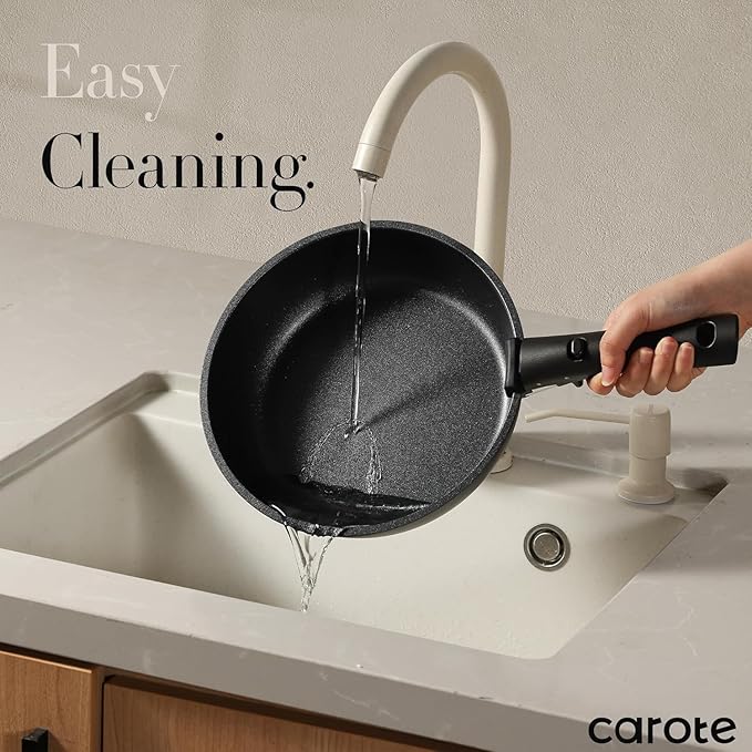 CAROTE 6pcs Pots and Pans Set Non Stick, Cookware Sets, Kitchen Set, Oven/Fridge Safe, Space Saving Pots Set, Nonstick Cooking Set with Versatile Detachable Handle, Induction RV Set, Jet Black