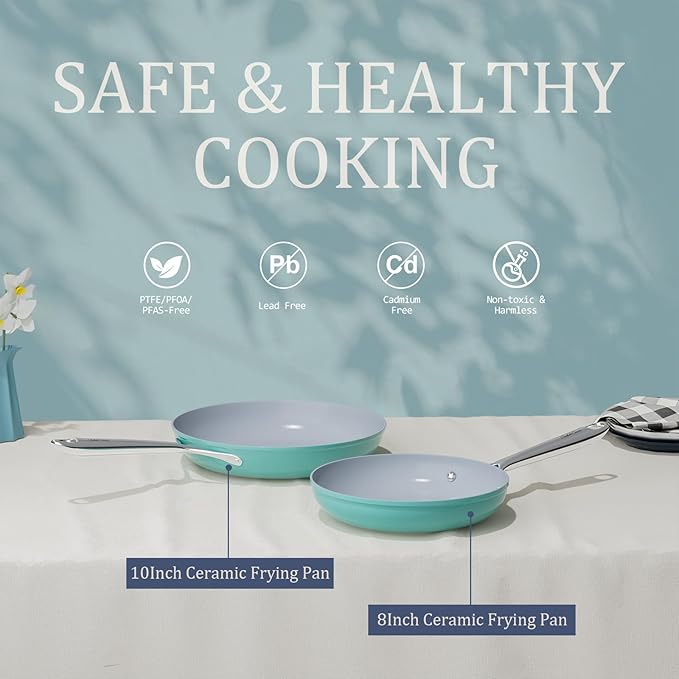 Nonstick Ceramic Frying Pan 8" for All Stovetops, PTFE/PFOA/PFAS Free, Even Heat Distribution Oven Safe up to 500°F, Healthy Non Toxic Skillet w/ Ergonomic Stainless Steel Handle, Caribbean Blue