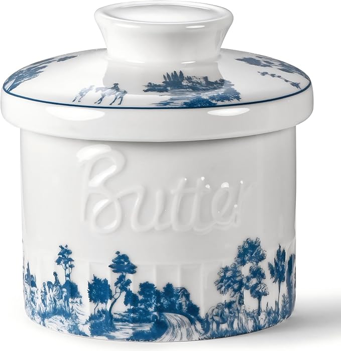Butter Crock with Lid, French Butter Dish with Water Line for Countertop, Ceramic Butter Keeper for Spreadable Butter, Container Holder for Kitchen and Home Decor, 6.7 OZ, Forest Blue
