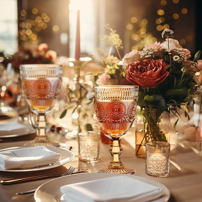 24 Pcs Vintage Wine Glasses, 10 Oz Colored Glass Water Goblets, Unique Flower Embossed Pattern High Clear Stemmed Glassware Wedding Party Bar Glass Drinking Cups Flower Amber Fancy Glasses Set of 24