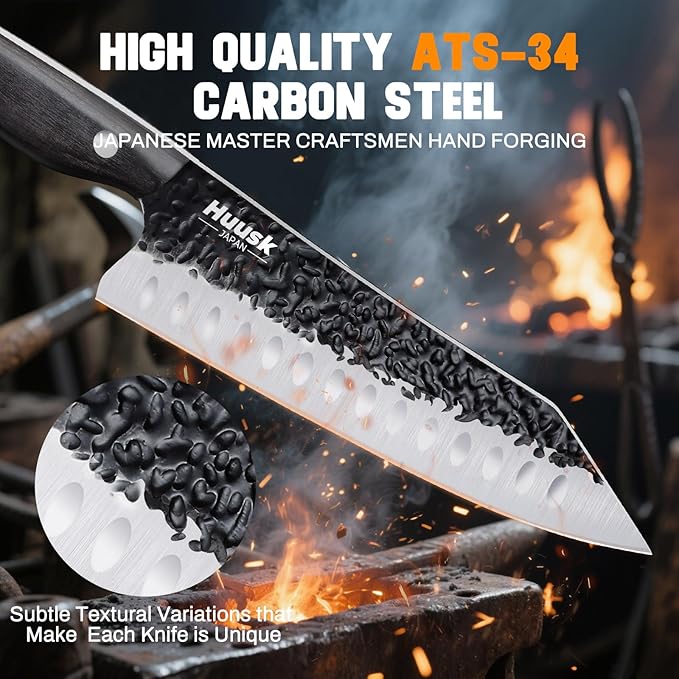 Huusk Knives from Japan Santoku knife - Hand Forged Chef Knife for Meat Cutting - Ideal Kitchen Knife Made From a Single Piece of High Carbon Steel - Full Tang Wooden Handle - Viking Gift for Men