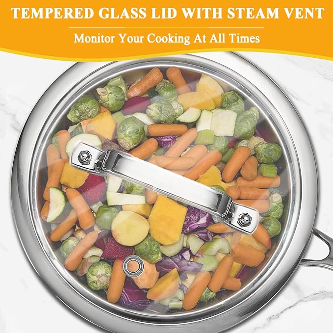 2.5 Quart Triple Stainless Steel Saucepan with Lid, Ramen Pot with Clear Glass Cover, Small Sauce Pan for Cooking Oatmeal, Induction-Ready, Dishwasher-Safe, Suitable for All Stoves