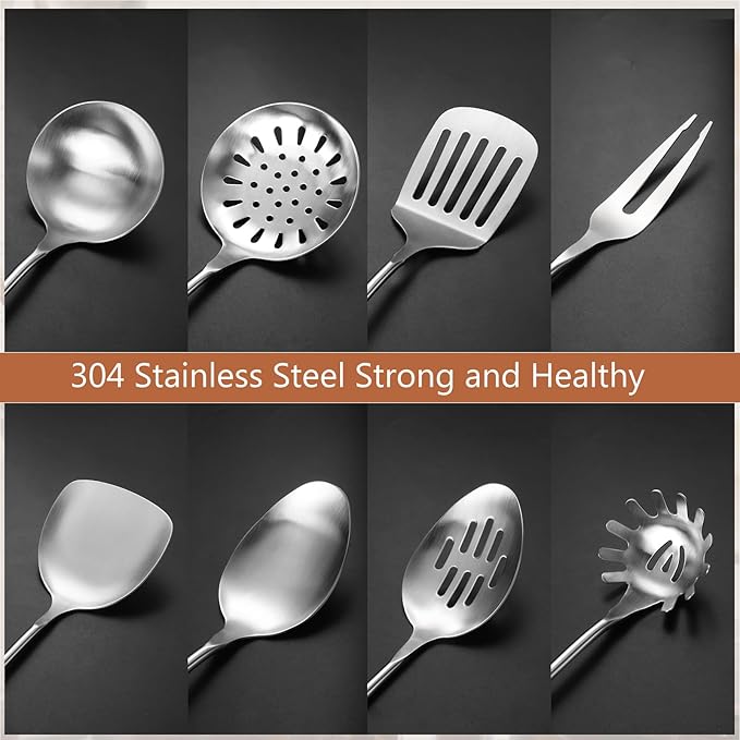 304 Stainless Steel Kitchen Utensils Set, 8 Pcs Long Cooking Utensils Set with Wooden Handle, Large Heat Resistant Kitchen Tools(Dishwasher Safe)