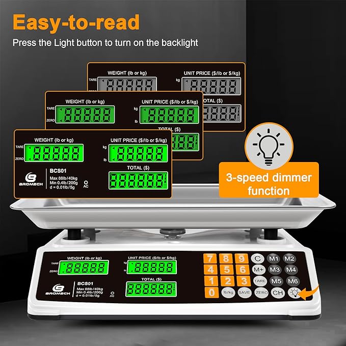 Price Computing Scale 88lb/40kg Commercial Food Scale for Produce Meat with Stainless Steel Large Platform, LCD Display, and Green Bright Backlight for Farmers Markets, Deli, （Not for Trade）