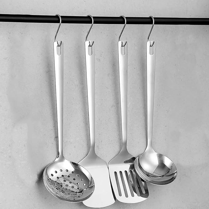 Stainless Steel Kitchen Utensils Set, 4-Piece – Slotted Turner, Solid Turner, Skimmer & Ladle – Rust-Resistant, Long Handle, Hanging Loop, Dishwasher Safe – Everyday Cooking & Serving