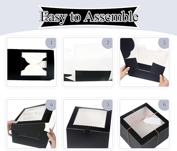 20Pcs 10 Inch Cake Boxes with Window, 10x10x5 Inches Black Bakery Boxes, Cake Carrier Container for Pastries, Pie, Cookies, Chocolates, Cupcakes, Birthday Party, Wedding