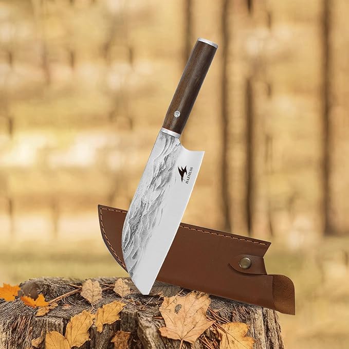 Hand Forged Chef Knife, 7.6-inch High Carbon Stainless Steel Blade for Slicing, Ash Wood Handle, with Leather Sheath, Suitable for Kitchen, Outdoor Cooking, BBQ