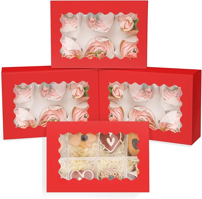 qiqee Auto-pop up Red 6 Cupcake Boxes with Window 30 Packs Cupcake Box 9"x6.1"x3.3" Bakery Boxes For Cupcakes Carrier, Cupcake Containers
