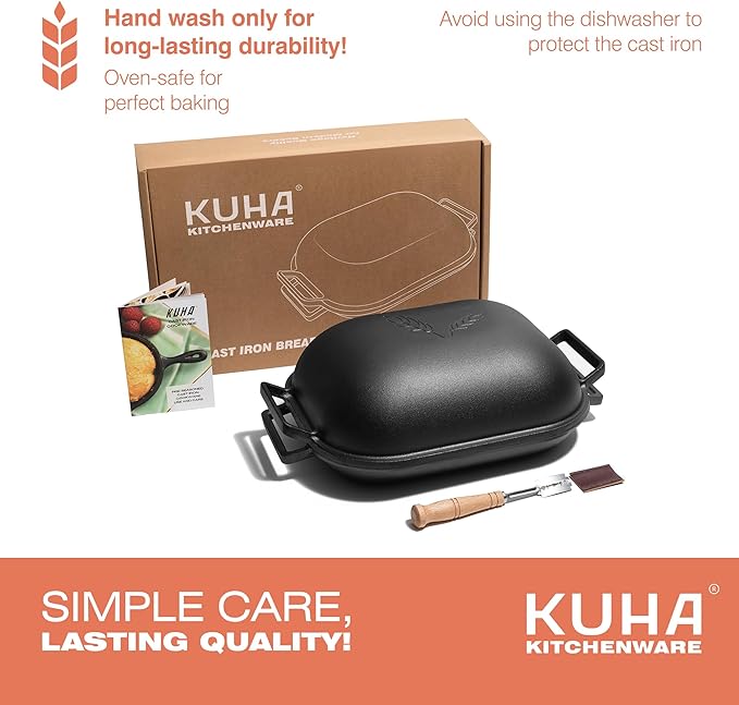 KUHA Cast Iron Bread Pan with Lid + Bread Lame - Black Heavy Duty Cast Iron Loaf Pan for Homemade Breadmaking - Pre-seasoned Bread Oven
