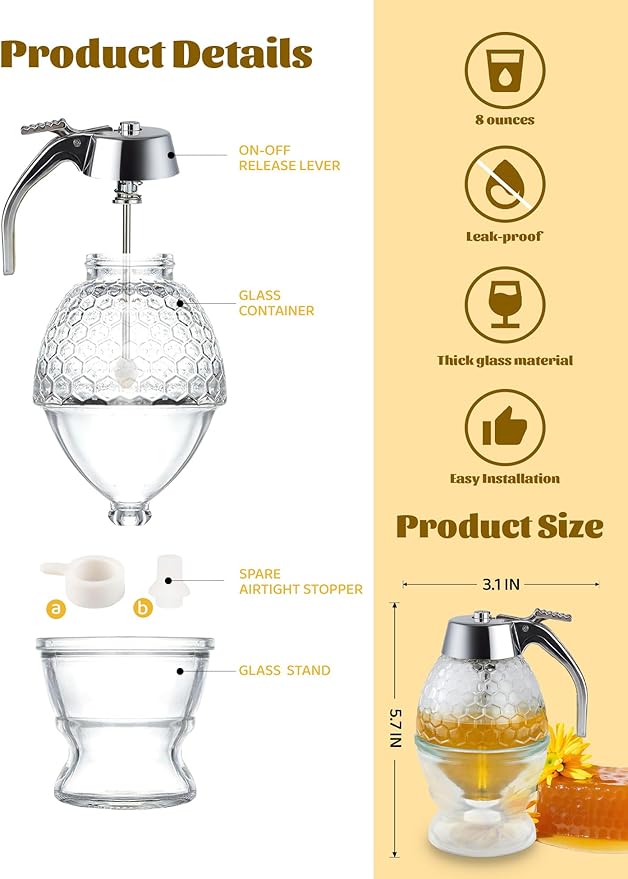 8-Ounce Drip Free Glass Honey Jar, Dispenser, Equipped With a Spoon, Stand,And Honeycomb Decoration Suitable for Maple Syrup, Honeycomb Syrup Server and Bee-themed Storage Tank