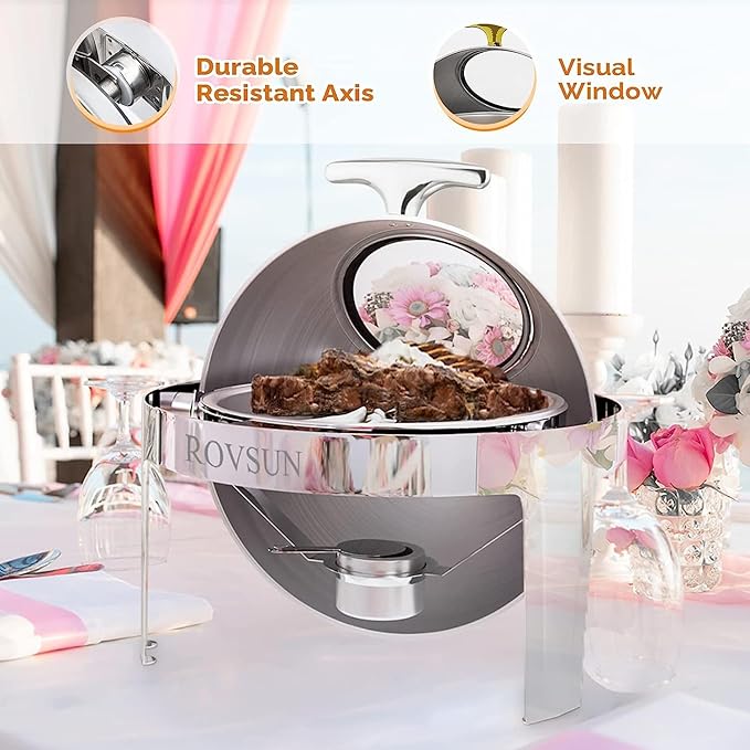 ROVSUN 6 Quart Round Roll Top Chafing Dish Buffet Set, Stainless Steel Chafer for Catering, Food Warmer with Glass Window for Party Wedding Banquet Graduation Event,Silver