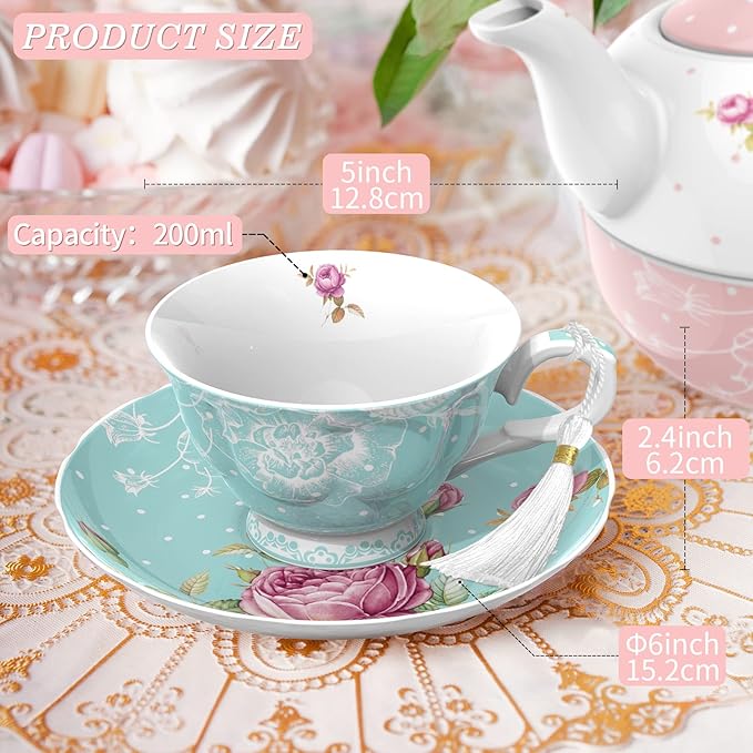 London Boutique Tea Cup and Saucer Set 2 Afternoon Tea Set New Bone China Vintage Flora Gift Box 200m (Turquoise)