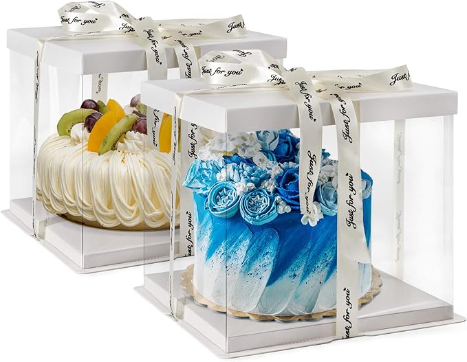 Clear Cake Box, 2-Pack Cake Carrier Container 10" X 10" X 9" with Ribbon Transparent Boxes with Lid Gift Package for Birthday Wedding Party, White