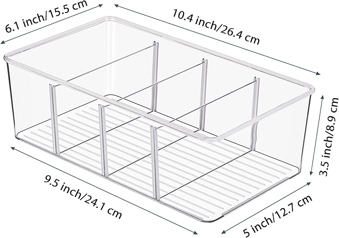 Vtopmart 6 Pack Food Storage Organizer Bins, Clear Plastic Bins for Pantry, Kitchen, Fridge, Cabinet Organization and Storage, 4 Compartment Holder Packets, Snacks, Pouches, Spice Packets