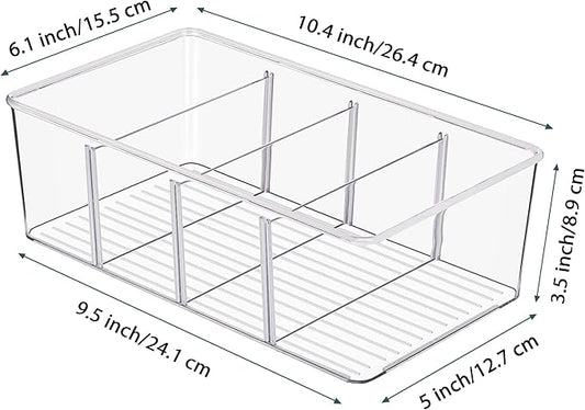 Vtopmart 6 Pack Food Storage Organizer Bins, Clear Plastic Bins for Pantry, Kitchen, Fridge, Cabinet Organization and Storage, 4 Compartment Holder Packets, Snacks, Pouches, Spice Packets