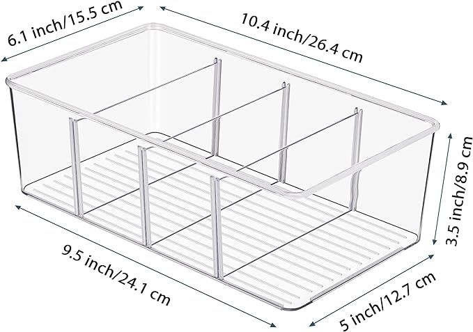 Vtopmart 4 Pack Food Storage Organizer Bins, Clear Plastic Bins for Pantry, Kitchen, Fridge, Cabinet Organization and Storage, 4 Compartment Holder Packets, Snacks, Pouches, Spice Packets