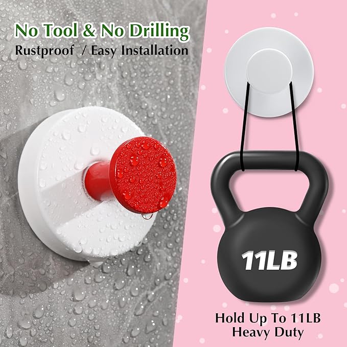 Suction Cup Hooks for Shower No-Drill Bathroom Hooks for Towels, Robes, Loofah Mountable on Bathroom Walls, Kitchen, Glass, Mirrors, Tile and Smooth,Non-Porous Surfaces (2, Red White)