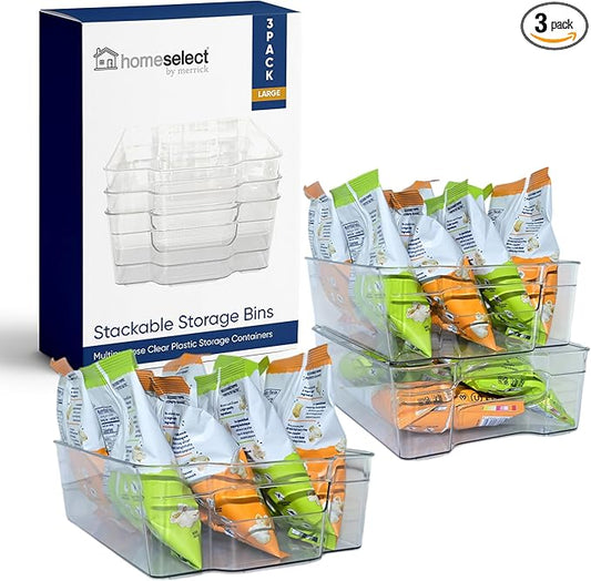 3 Pack Stackable Storage Bins - Plastic Storage Containers for Fridge, Pantry, Freezer, Closet & Kitchen, Clear Fridge Organizer Bins Ideal for Breastmilk, Baby Pouches & Formula Bottles | Large