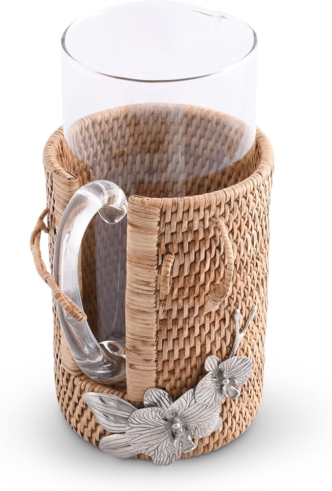 Vagabond House Orchid Adorned Glass Carafe, Lightweight & Durable, Tropical Rattan Wicker Design, Dishwasher Safe, Perfect Table Centerpiece, Ideal Ice Tea Pitcher for Hot or Cold Beverages