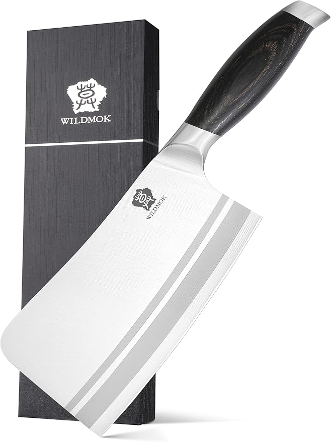 WILDMOK Meat Cleaver Knife, 7 Inch Heavy Duty Bone Chopper, German Stainless Steel Butcher Knife with Black Pakkawood Handle, Chinese Cleaver for Kitchen
