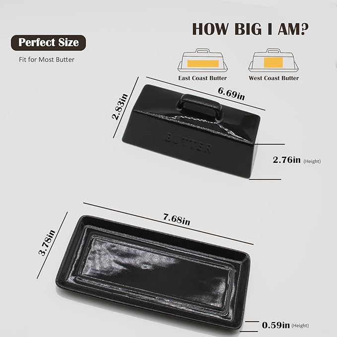 Ceramic Butter Dish With Lid for Countertop, Covered Butter Container, Large Butter Holder With Lid, Butter Tray With Handle Black