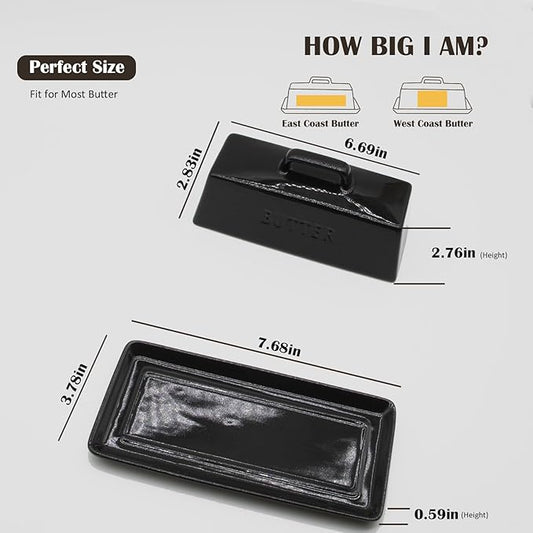 Ceramic Butter Dish With Lid for Countertop, Covered Butter Container, Large Butter Holder With Lid, Butter Tray With Handle Black