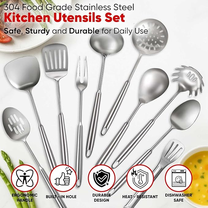 Newness 10 Pcs Cooking Utensils Set, 304 Stainless Steel Kitchen Utensils Set, Metal Kitchen Accessories, Include Soup Ladle, Slotted Skimmer Spoon, Spaghetti Spoon and Spatula, Tongs,Dishwasher Safe